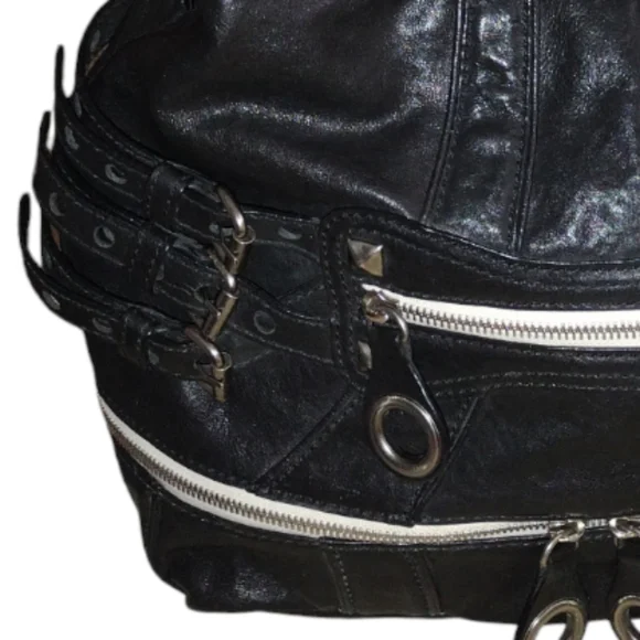 Rare Y2K XL Y2K Betsey Johnson Black Leather Studded "Strap Tease" Shoul… - Picture 4 of 15